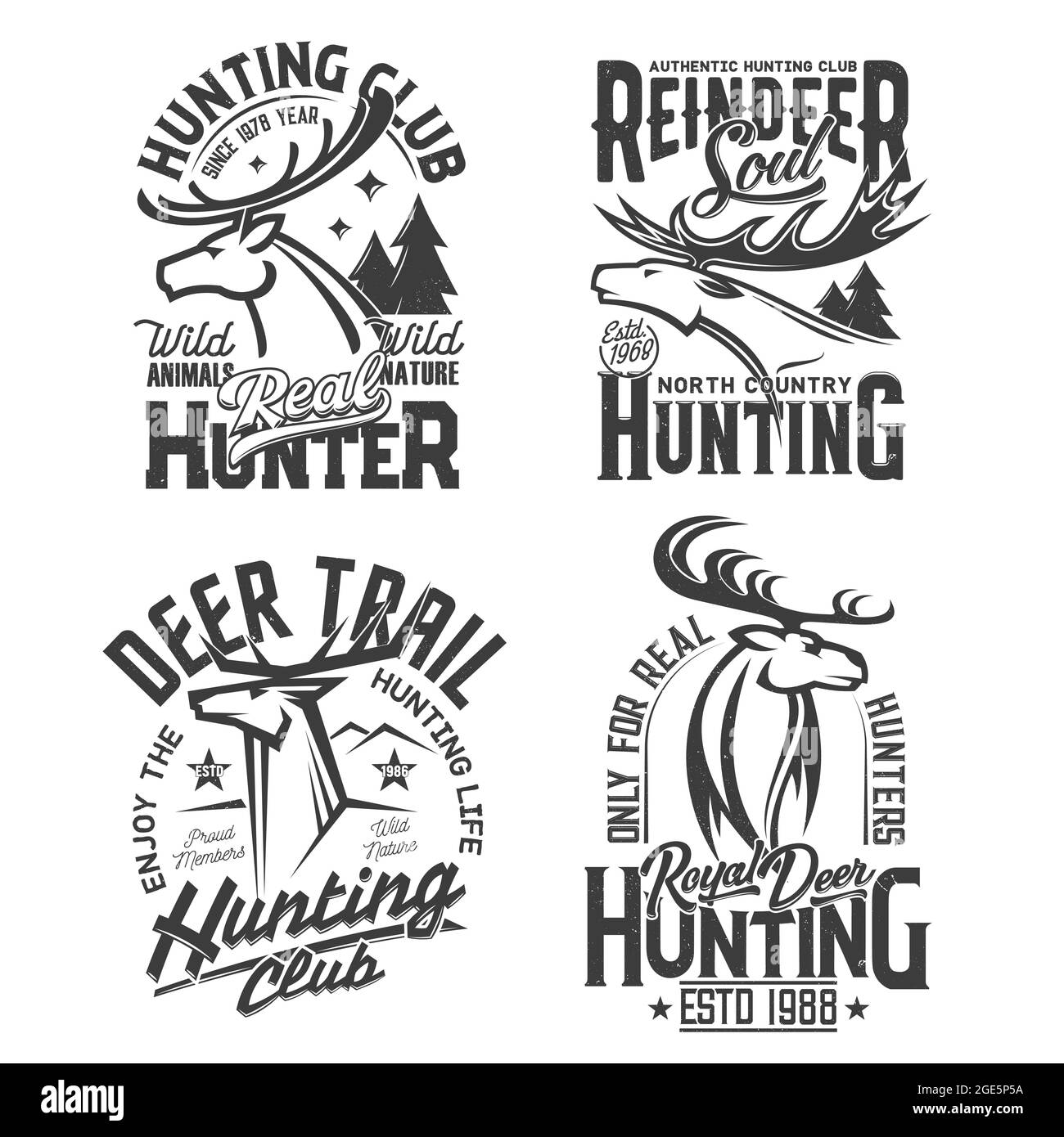 T-Shirt Prints mit Hirsch, Vektor-Maskottchen für den Jagdverein. Rentiere, Fichten und Berggipfel, Jagdgesellschaft, Outdoor Adventure Team Bekleidung T-Shirt d Stock Vektor