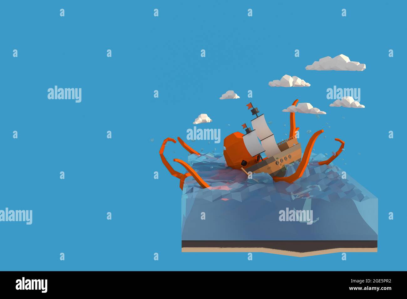 3D-Illustrator von riesigen Tintenfisch Angriff Schiff. 3D-Rendering eines Modells mit niedrigem Polygon einschließlich Pfadauswahl Stockfoto