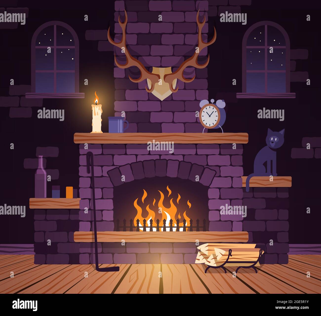 Kamin im Wohnzimmer mit Geweih und Holzboden Stock Vektor