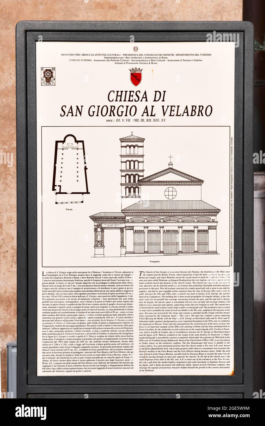 Tourist-Information auf der Kirche San Giorgio al Velabro, Forum Boarium, Rom, Latium, Italien Stockfoto