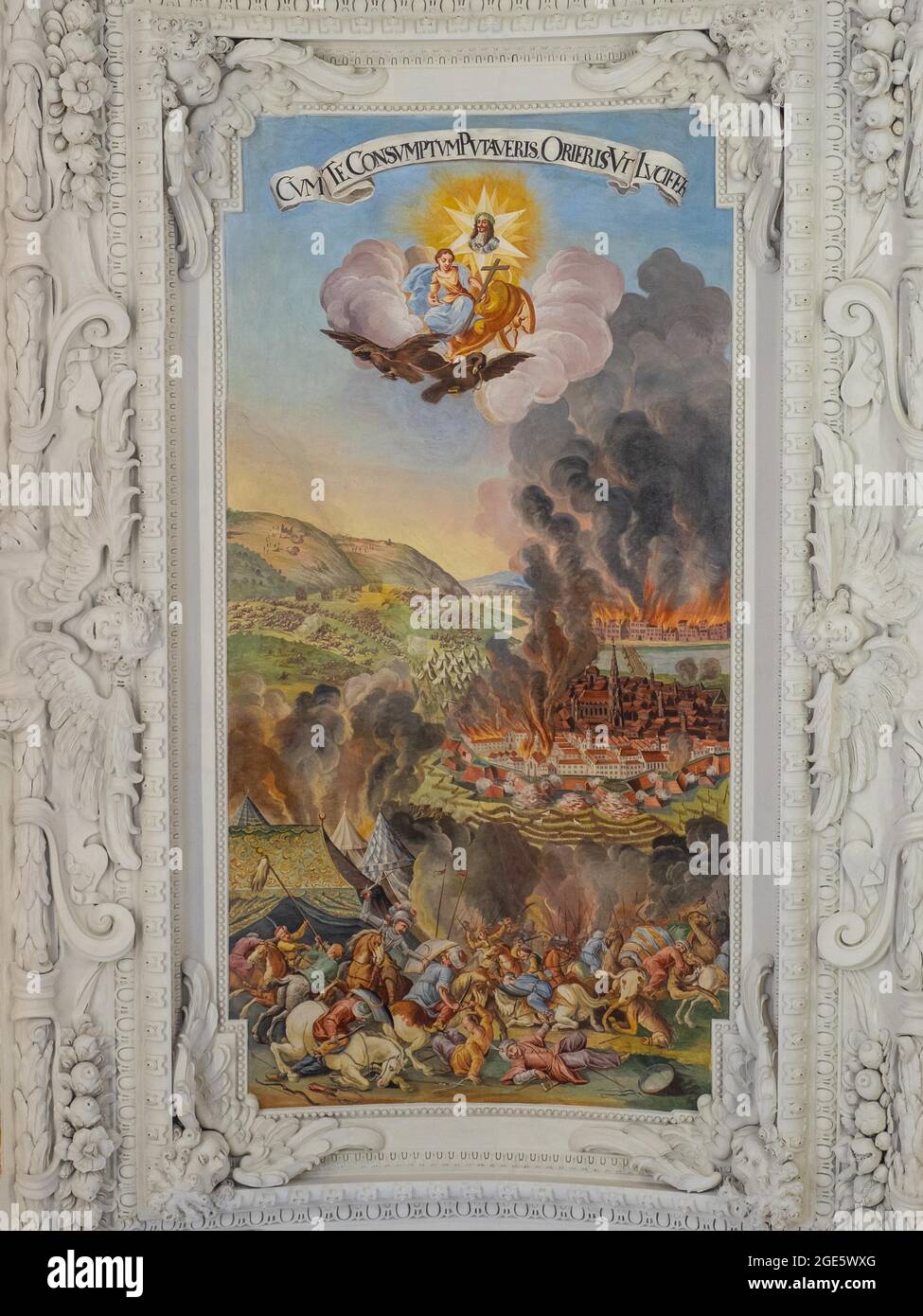Deckenfresko im Seitenschiff der Katharinenkirche, Stilllegung Wiens 1683, Mausoleum der Habsburger, Graz, Steiermark, Österreich Stockfoto
