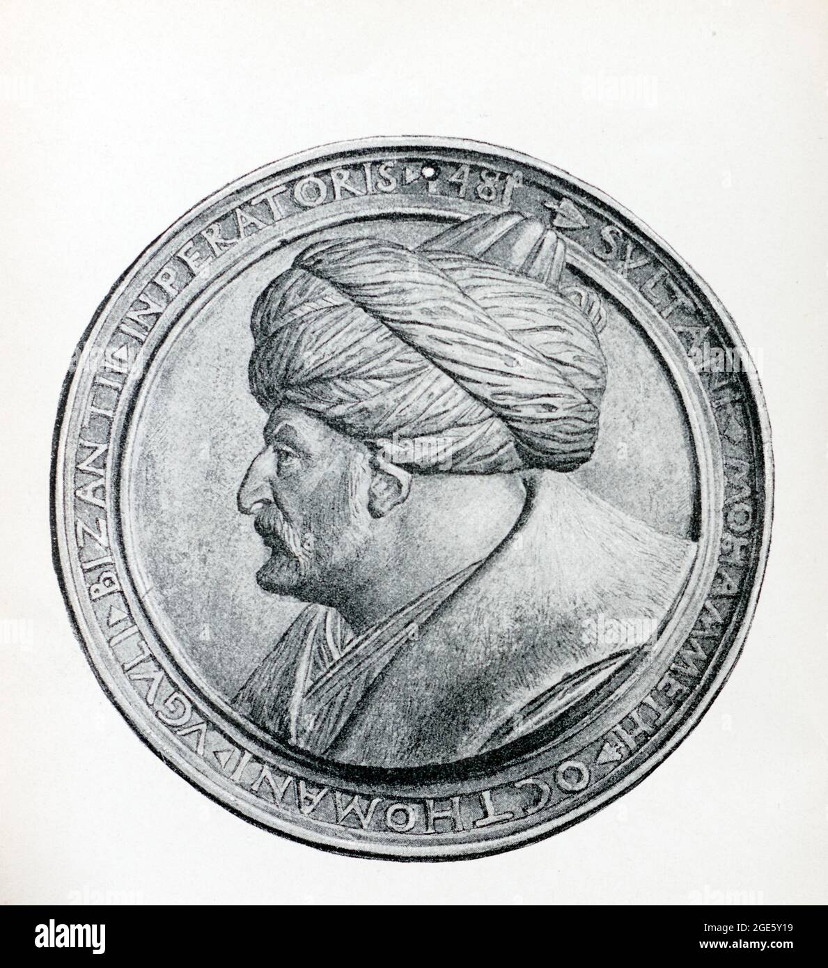 Titelseite mit dem Porträt von Mohammed II., dem Eroberer von Constantiopel, Weltgeschichte von Oskar Jaeger, 6. Auflage, herausgegeben von Belhagen und Stockfoto