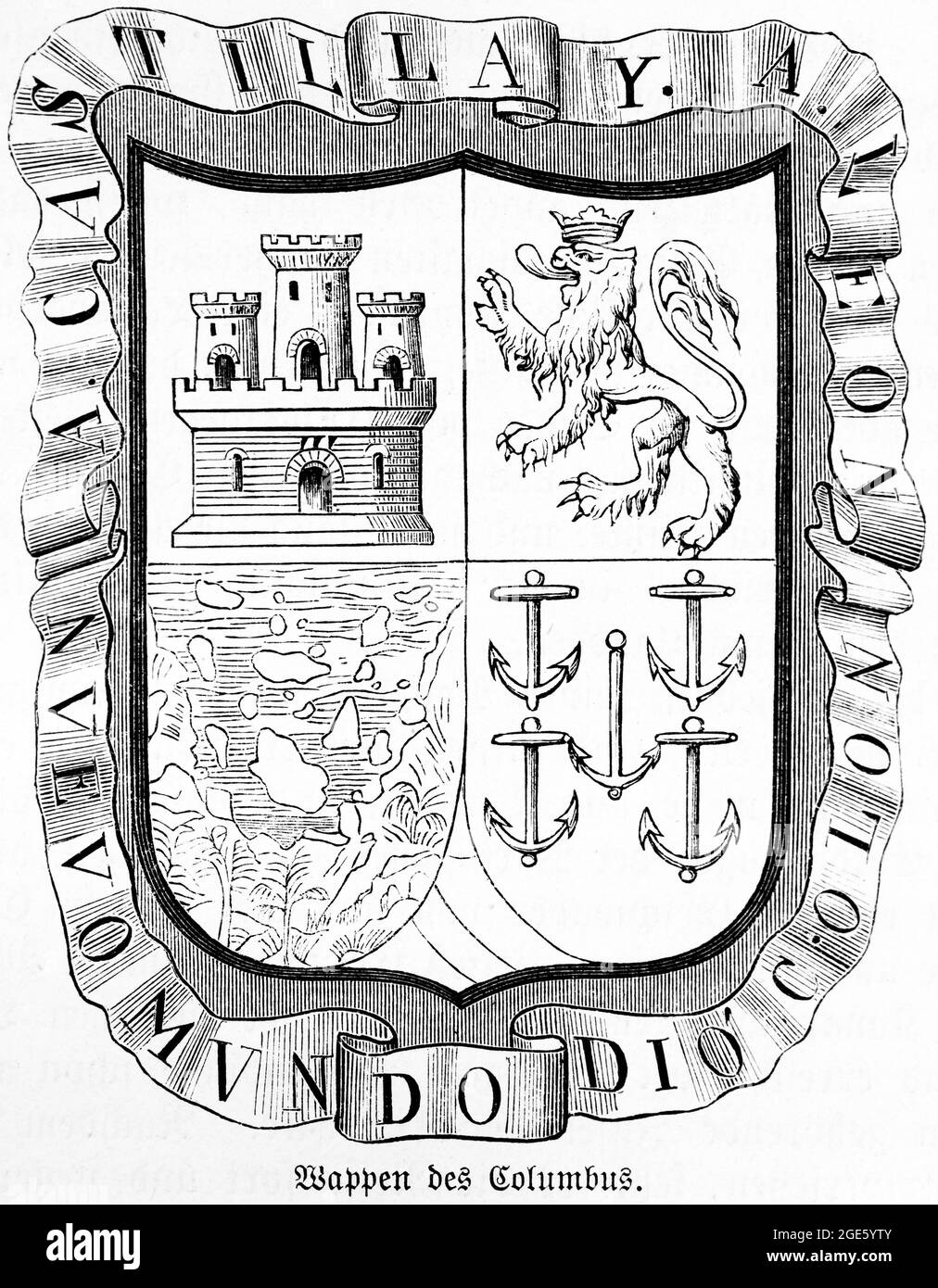 Das Wappen von Christoph Kolumbus mit Festung, Löwen, Karte und Anker, historische Illustration von 1881 Stockfoto