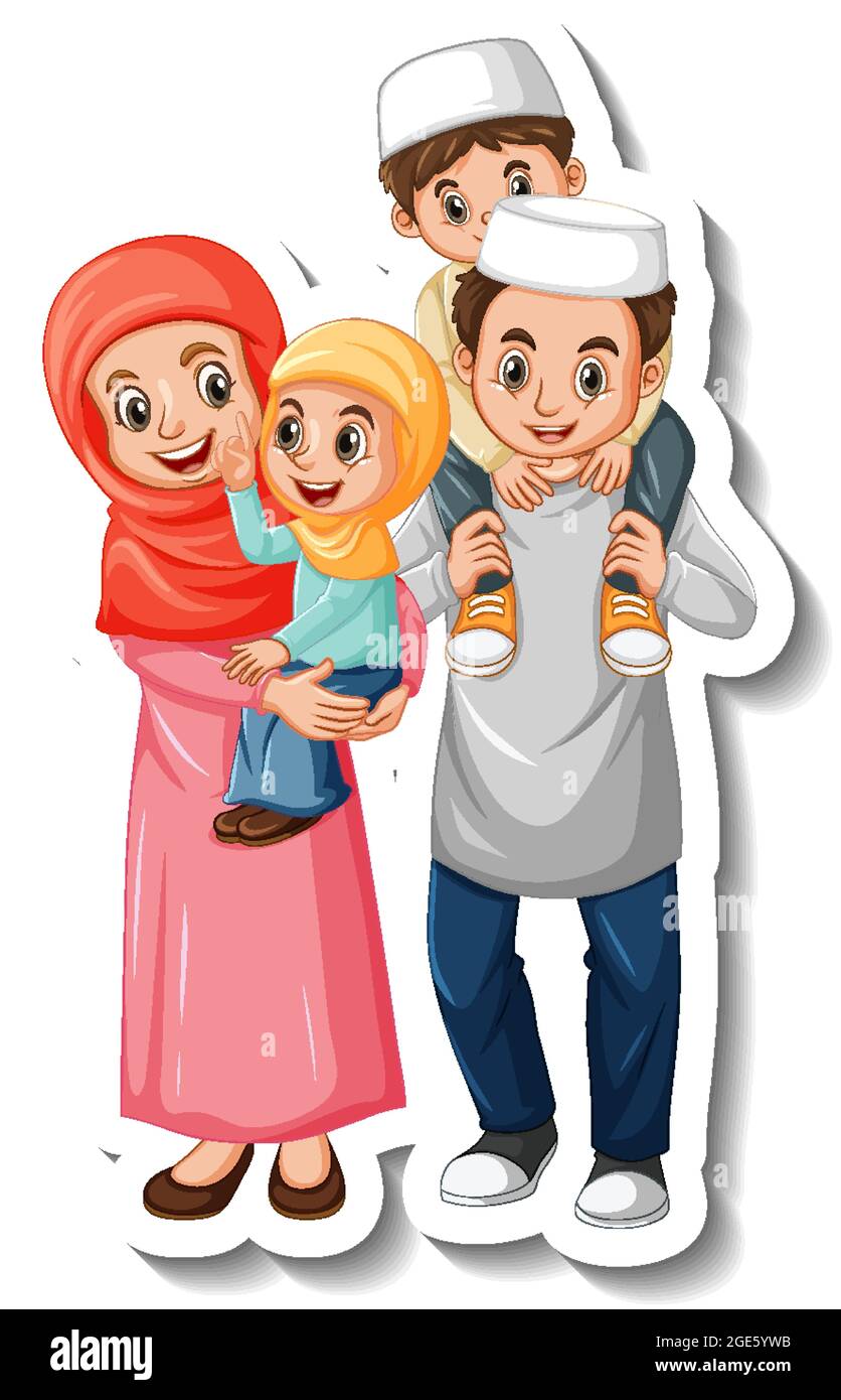Sticker-Vorlage mit muslimischer Familie Cartoon Figur Illustration Stock Vektor