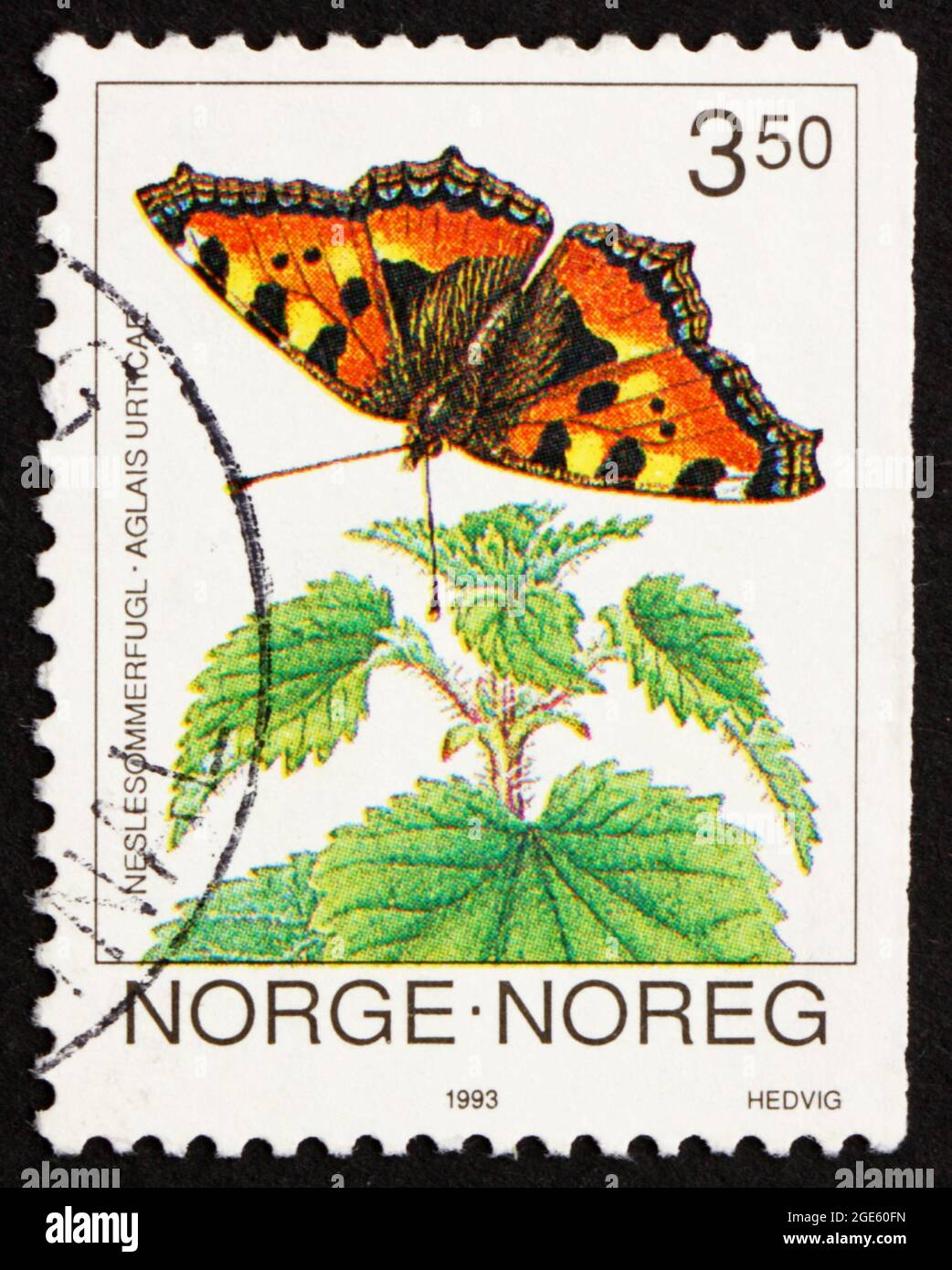 NORWEGEN - UM 1993: Eine in Norwegen gedruckte Briefmarke zeigt kleine Tortoiseshell, Aglais urticae, Butterfly, um 1993 Stockfoto