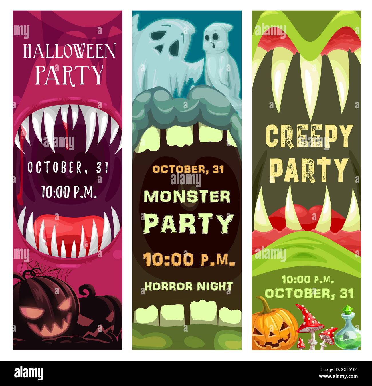 Halloween kostümierte Partyposter mit Monstern aufgeklappten Zahnmägen. Kürbis Jack o Laterne, gruselige Geister und Zaubertrank Cartoon-Vektor. Halloween c Stock Vektor