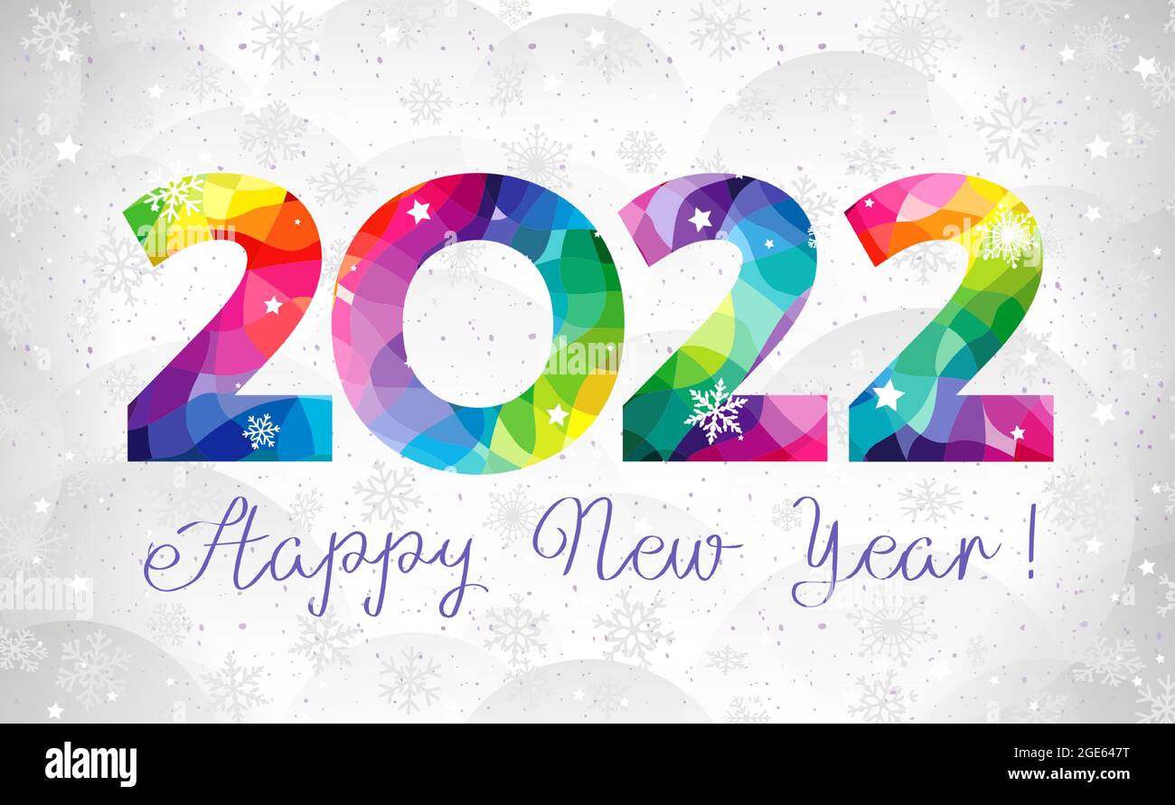 2022 EIN glückliches neues Jahr Gratzen unterschreiben. Logo-Konzept im Buntglasstil. Weiße Farbe verschneiten Hintergrund. Abstrakte isolierte Grafik-Design-Vorlage. Dez Stock Vektor