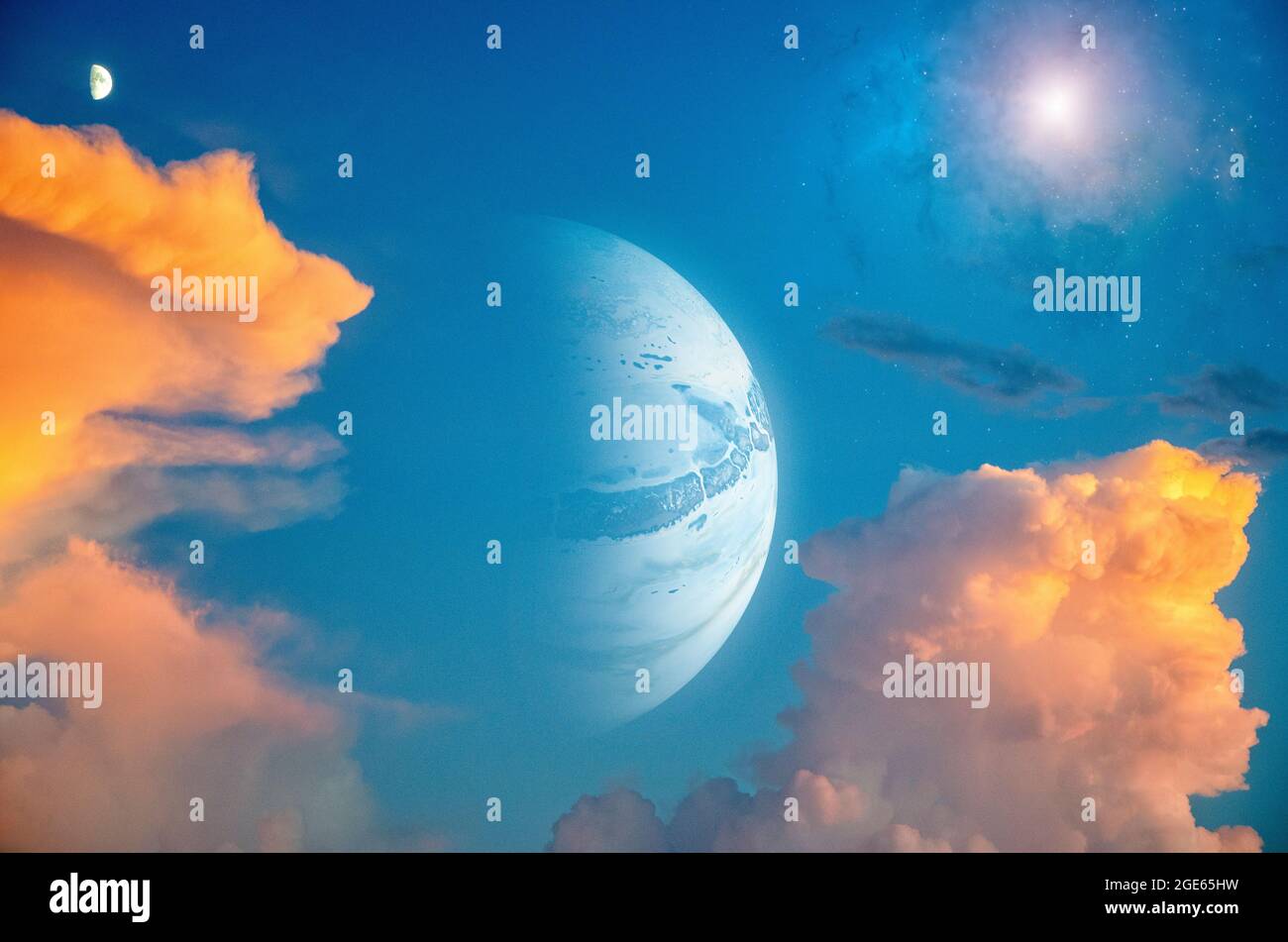 Sci-Fi-Landschaft. Ein Planet von einem seiner Monde aus gesehen. Exoplanet. Wolken und Atmosphäre eines Mondes neben einem Planeten Stockfoto