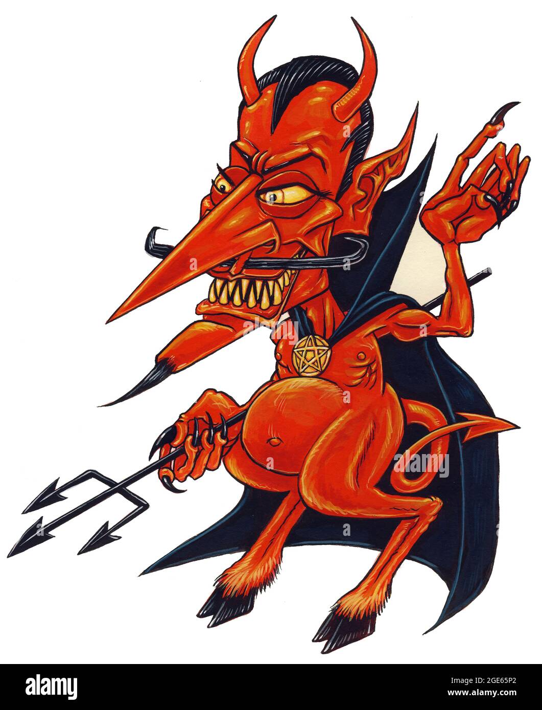 Witziger, humorvoller Cartoon, Illustration, Artwork von Red Devil/Dämon mit Hörnern, Hufen und Pitchfork, der hinterhältig aussieht/wie er plant. Satan, Luzifer. Stockfoto