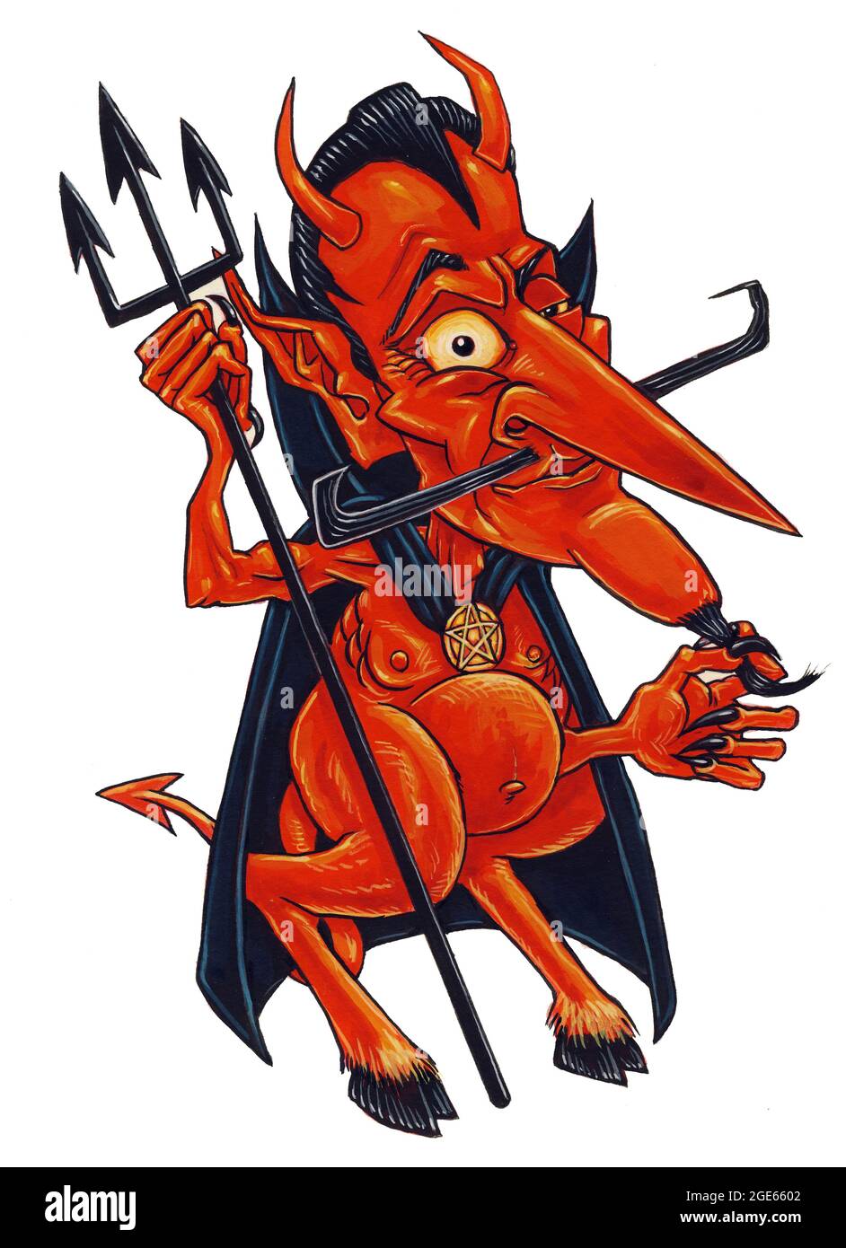 Cartoon, Artwork, Concept Illustration, Cartoon eines roten Teufels oder Dämons mit Hufen, Hörnern und einer Pitchfork, zwinkert, sieht verspielt aus. Luzifer, Satan. Stockfoto