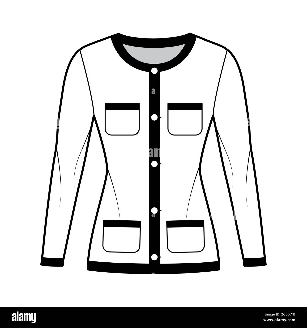 Blazer Jacke wie Chanel Anzug technische Mode Illustration mit langen  Ärmeln, aufgesetzte Taschen, taillierte Körper, Knopfverschluss.  Flatcoat-Schablone vorne, in weißer Farbgebung. Frauen, Männer CAD-Modell  Stock-Vektorgrafik - Alamy