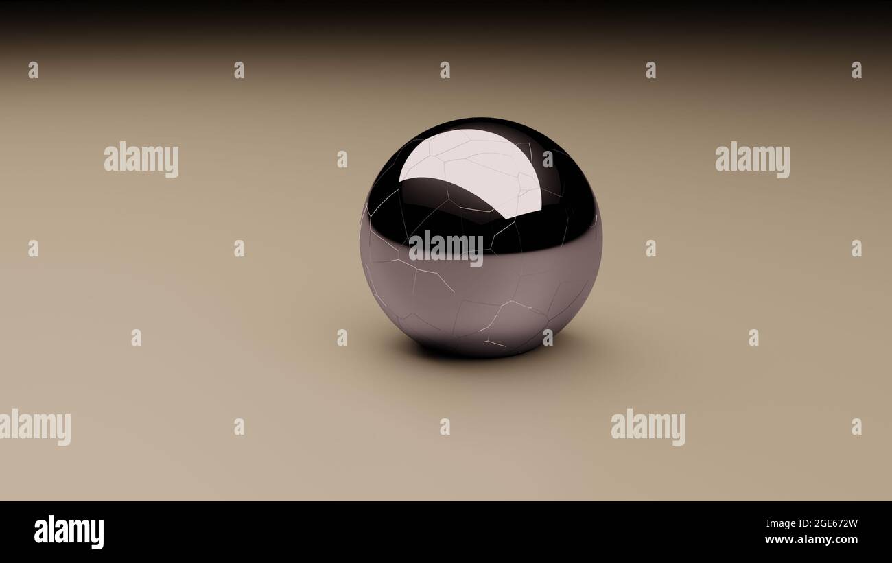 Zerbrochener und zerbrochener CGI Ball mit einem refelektiven Material und auf weißem Hintergrund Stockfoto