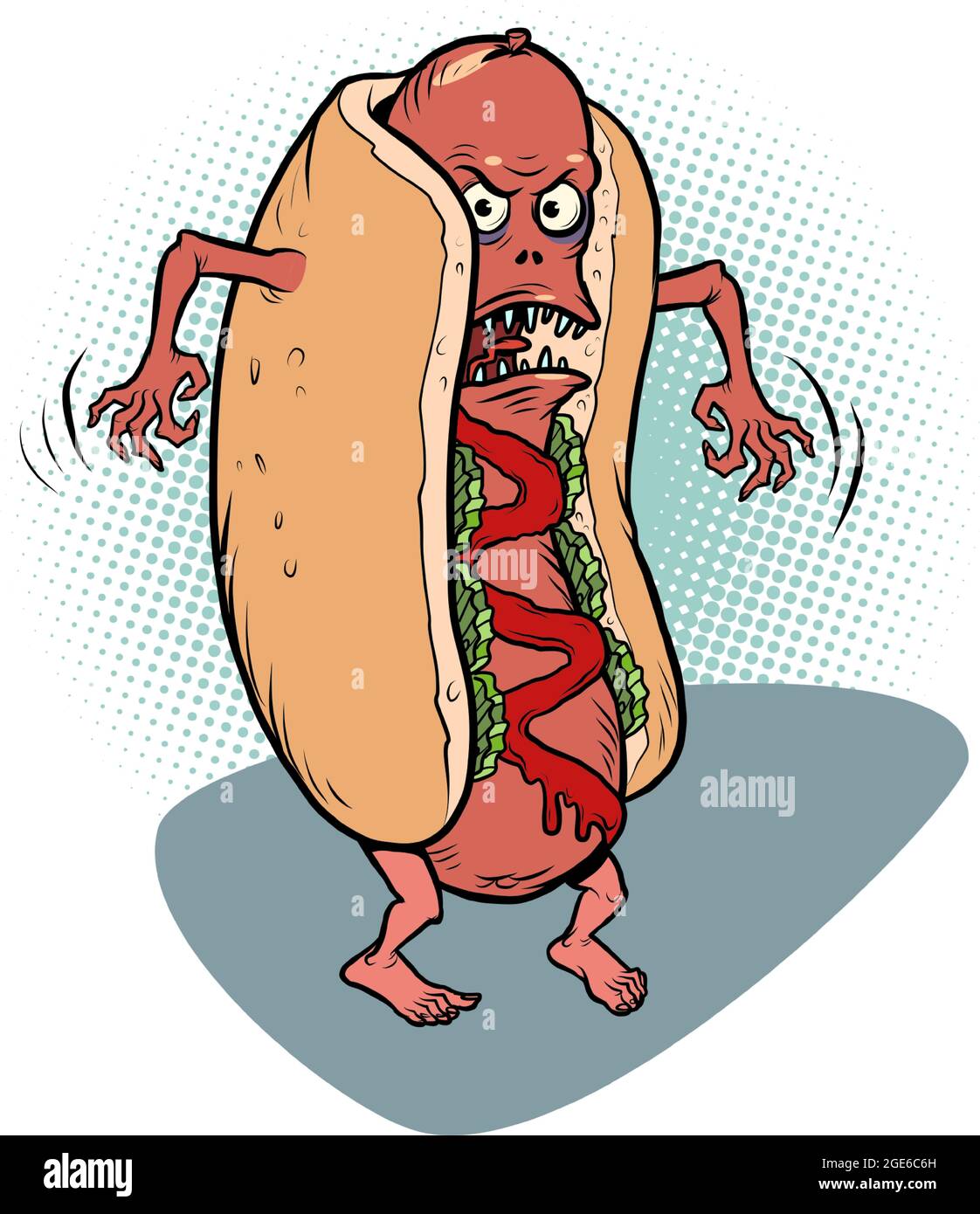 Wütend negativ gefährlich Hot Dog Fast Food lustige Maskottchen Charakter, Restaurants und Street Food Stock Vektor