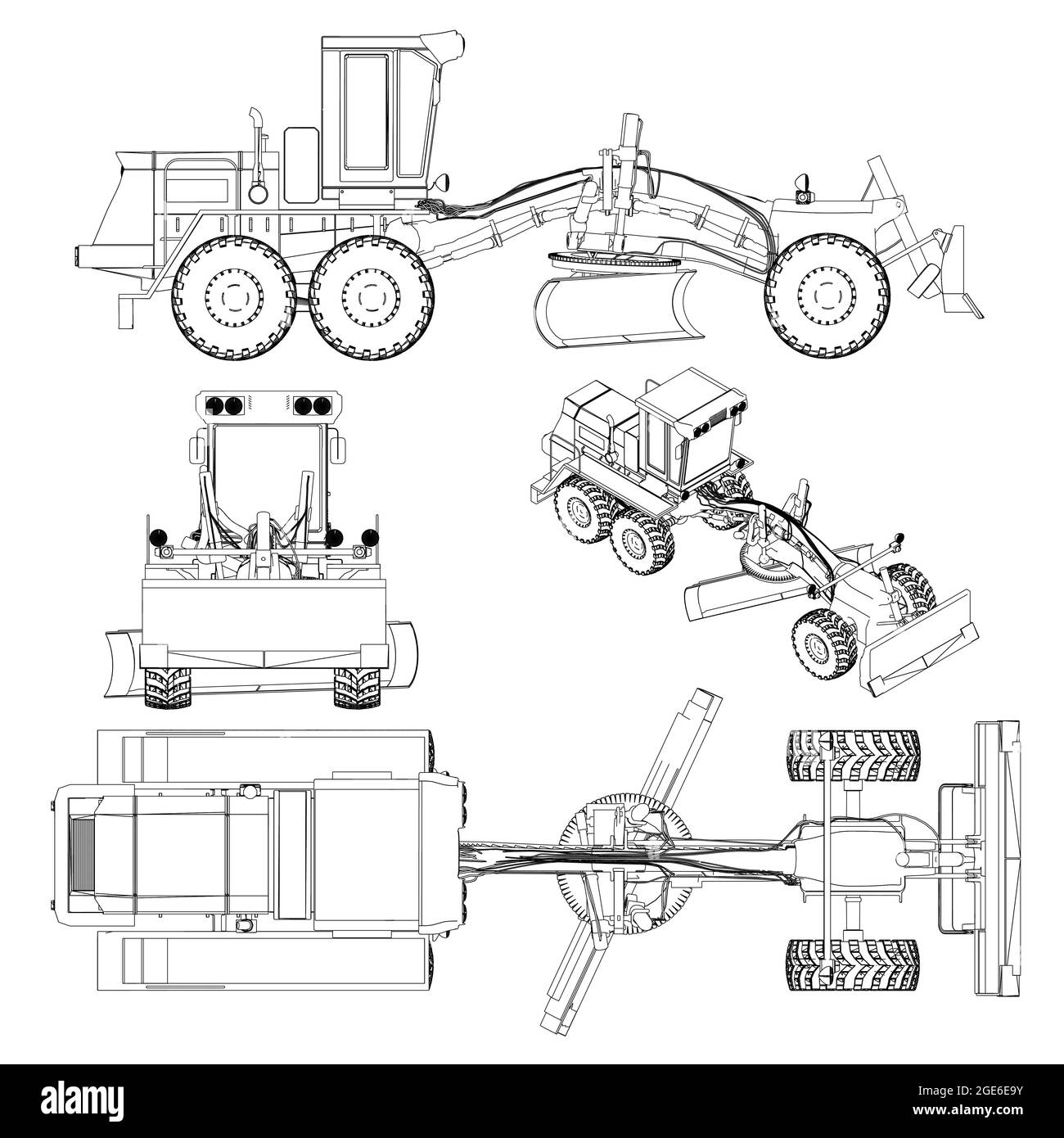 Mit detaillierten Konturen eines Grader aus schwarzen, auf weißem Hintergrund isolierten Linien. Seiten-, Front-, Ober- und isometrische Ansicht. Vektorgrafik. Stock Vektor