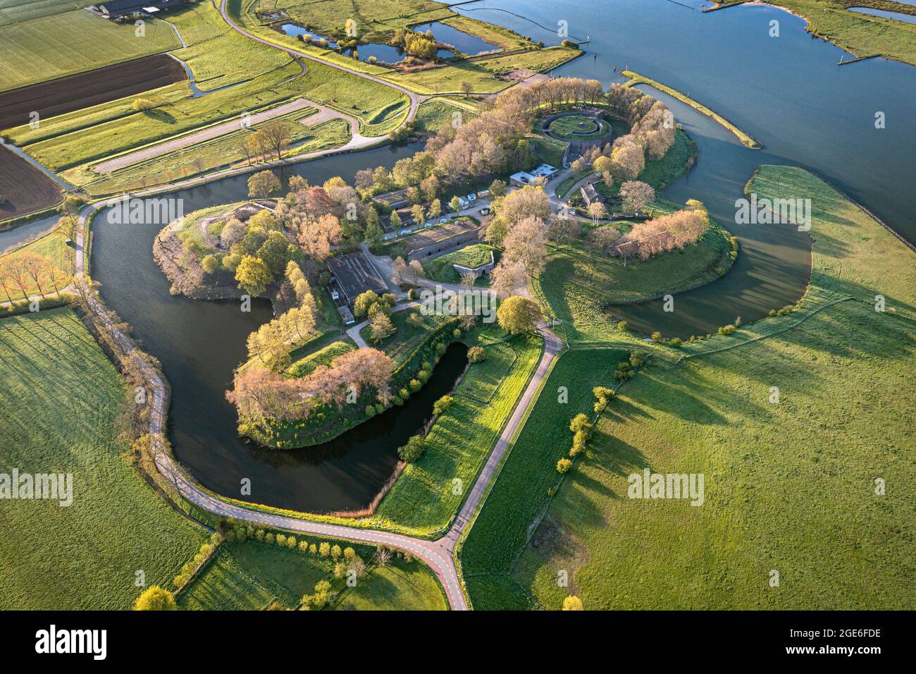 Niederlande, Schalkwijk, Fort Honswijk Teil der Neuen Niederländischen Wasserlinie. UNESCO-Weltkulturerbe. Niederländische Wasserschutzlinien. Lek River. Antenne. Stockfoto