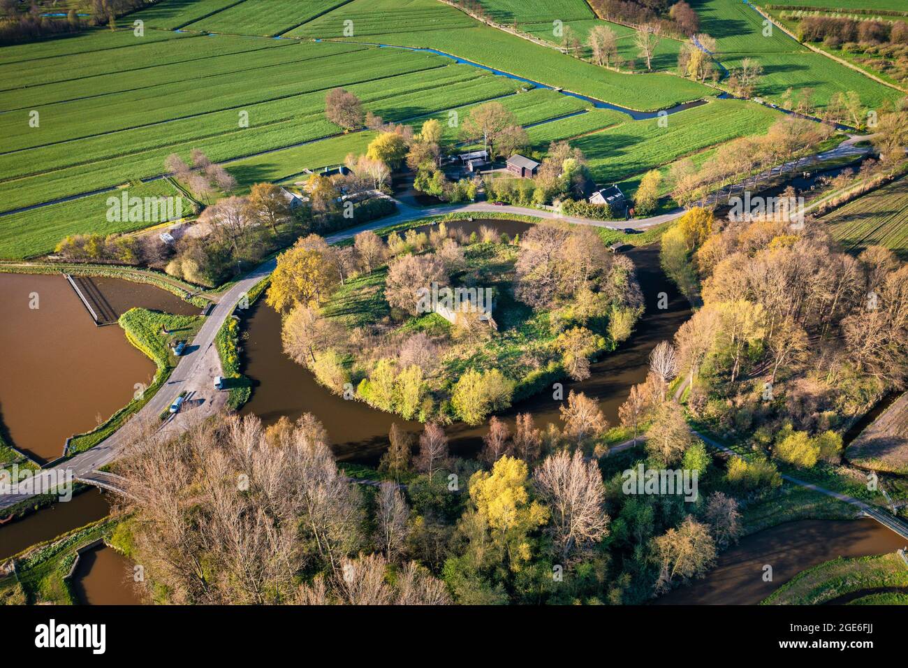 Niederlande, Tienhoven, Fort Tienhoven, Teil der Neuen Niederländischen Wasserlinie. UNESCO-Weltkulturerbe. Niederländische Wasserschutzlinien. Antenne. Stockfoto