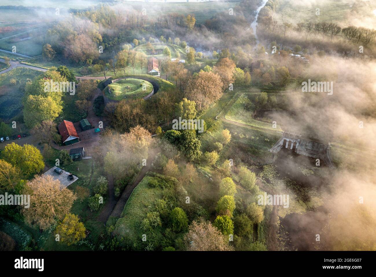 Niederlande, Everdingen, Fort Everdingen, Teil der Neuen Niederländischen Wasserlinie. UNESCO-Weltkulturerbe. Niederländische Wasserschutzlinien. Lek River. Aeria Stockfoto