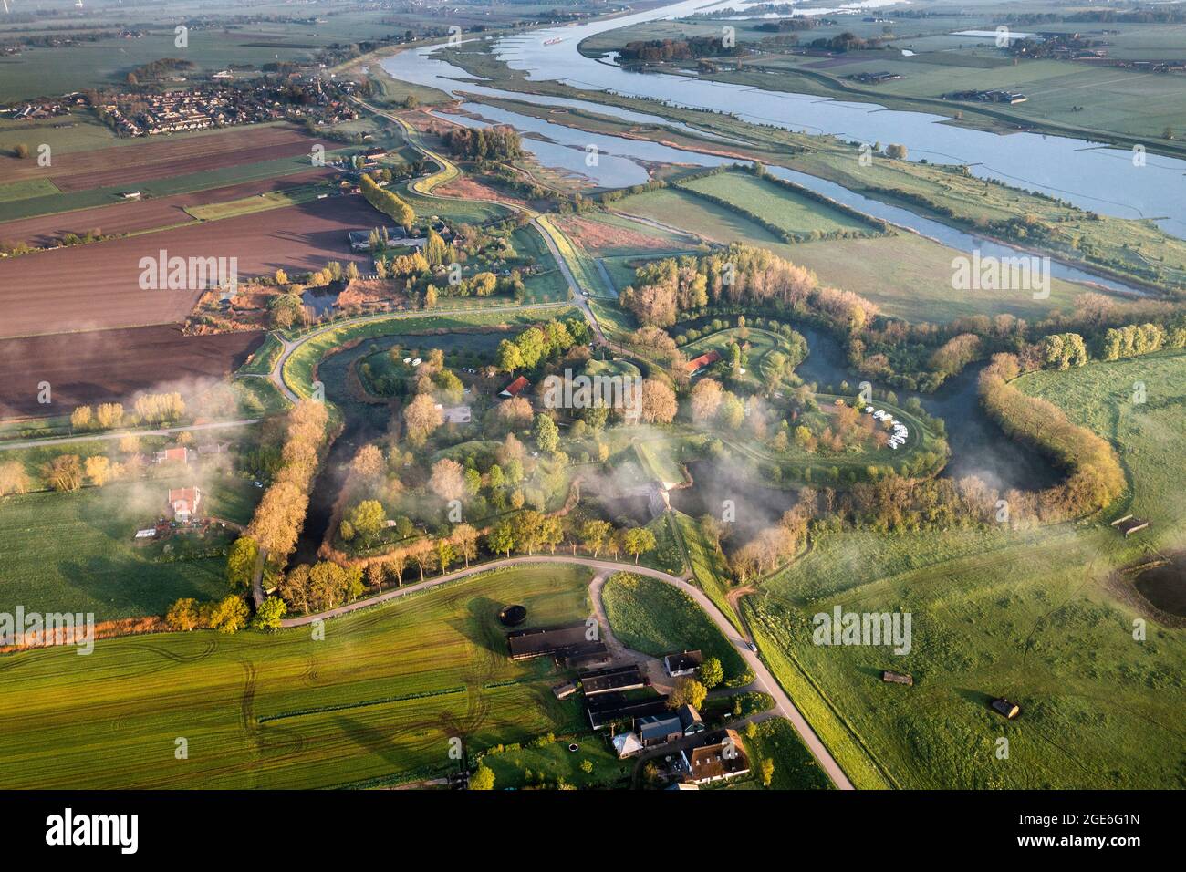 Niederlande, Everdingen, Fort Everdingen, Teil der Neuen Niederländischen Wasserlinie. UNESCO-Weltkulturerbe. Niederländische Wasserschutzlinien. Lek River. Aeria Stockfoto