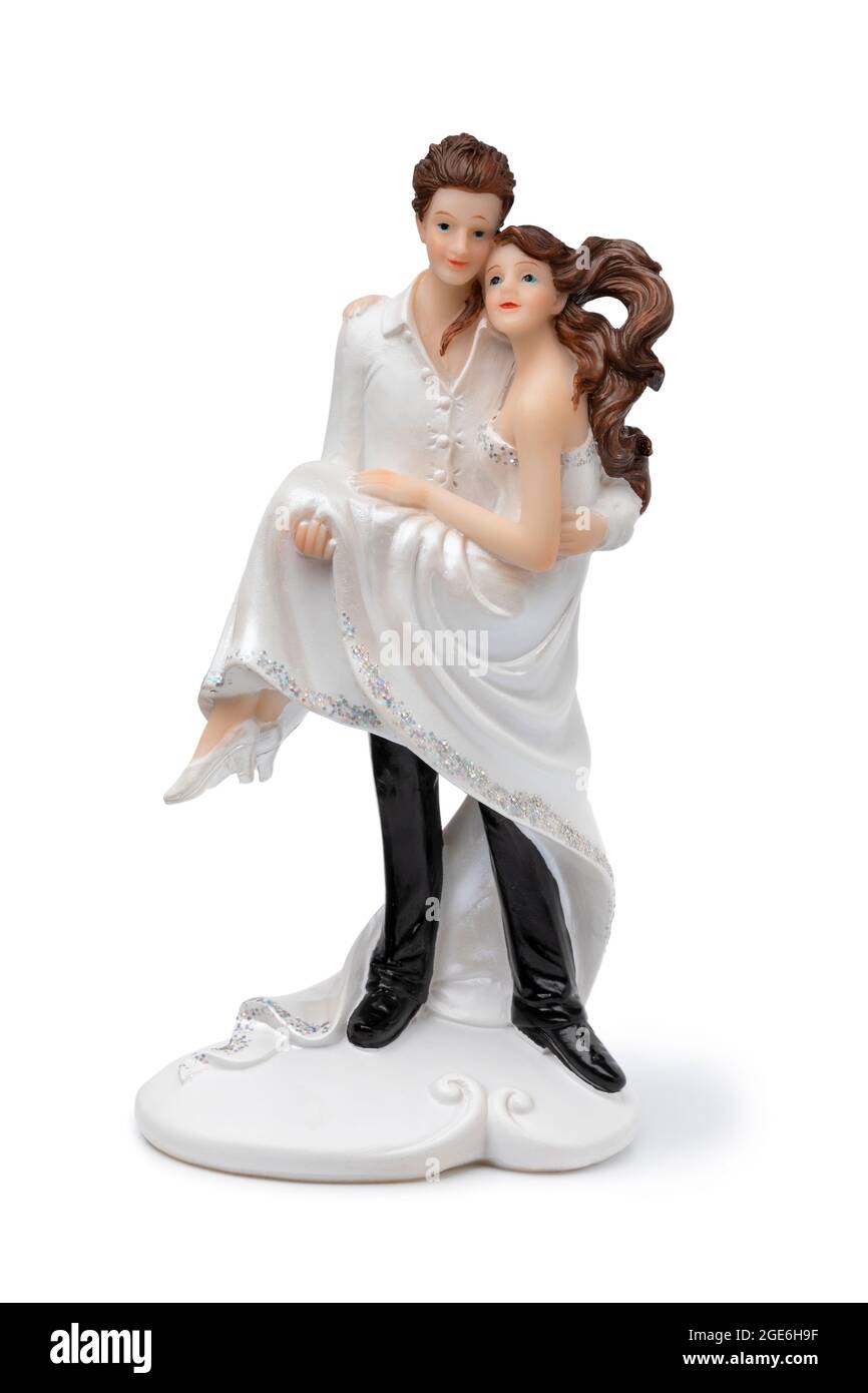Bride und Bräutigam, Vintage-Kuchen-Topper isoliert auf weißem Hintergrund Stockfoto