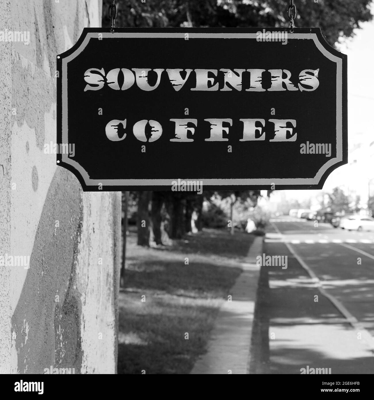 Schild „Souvenirs. Kaffee“ Stockfoto