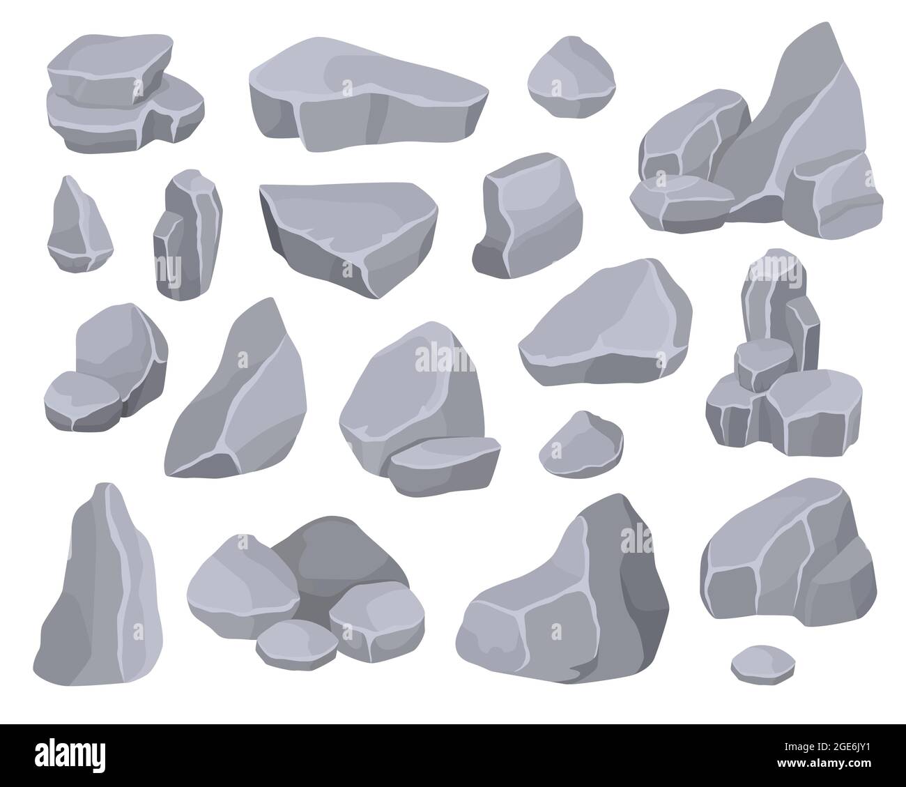 Cartoon graue Steine Geröll, Felsbrocken und Bergklippen. Steinformationen, Haufen von felsigen Schutt, Mineralien oder Felsen Schutt Vektor-Set. Verschiedene rissige harte Naturstoffe Materialien Stock Vektor