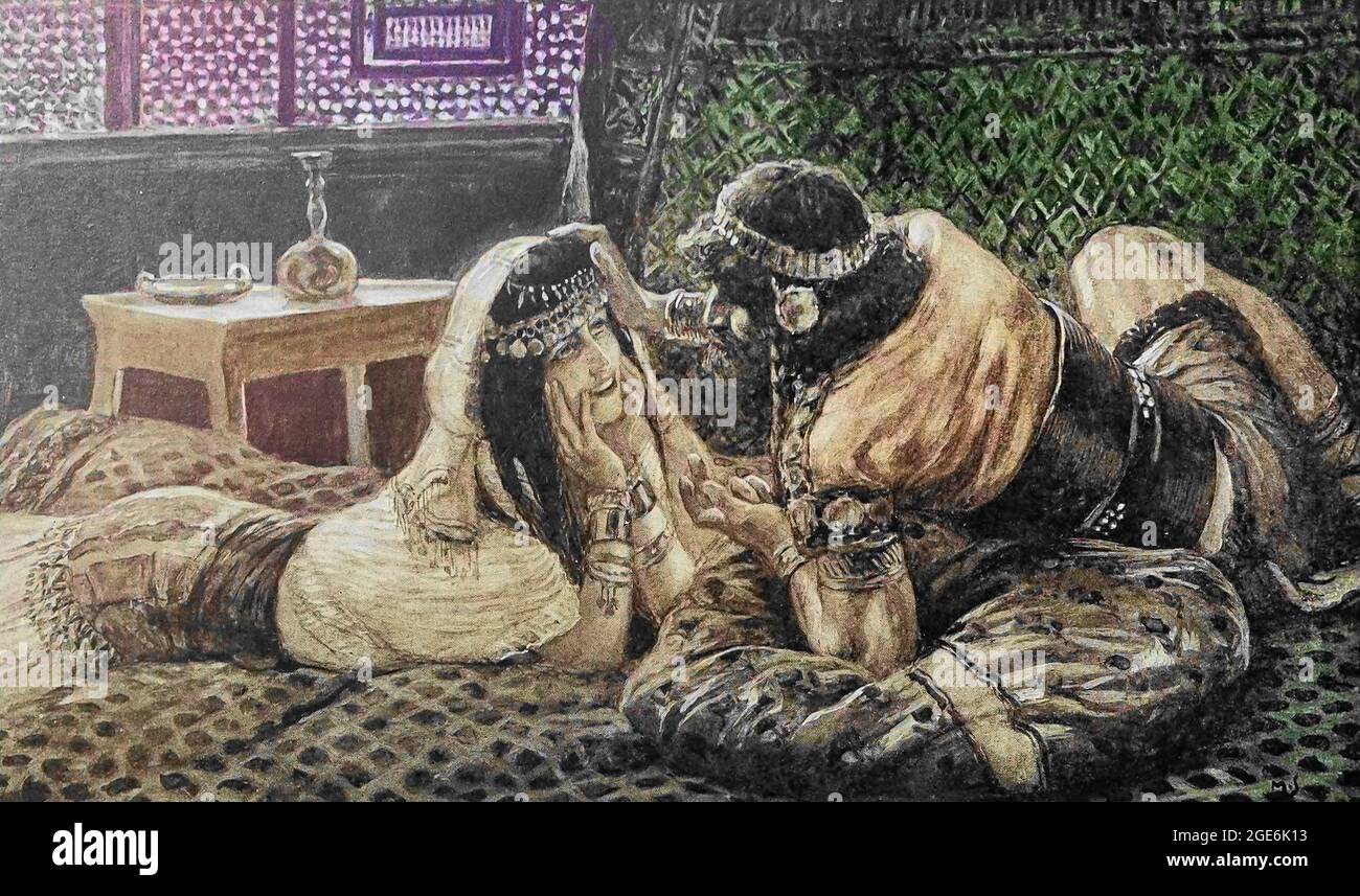 SAMSON UND DELILAH. - Richter xvi. 6. Und Delila sprach zu Simson: Sage mir doch, worin deine große Kraft liegt und womit du dich aus dem Buch „das Alte Testament“ zu bedrücken binden hast. Dreihundertsechsundneunzig Kompositionen, die den zweiten Teil des Alten Testaments illustrieren von J. James Tissot Veröffentlicht von M. de Brunoff in Paris, London und New York im Jahr 1904 Stockfoto