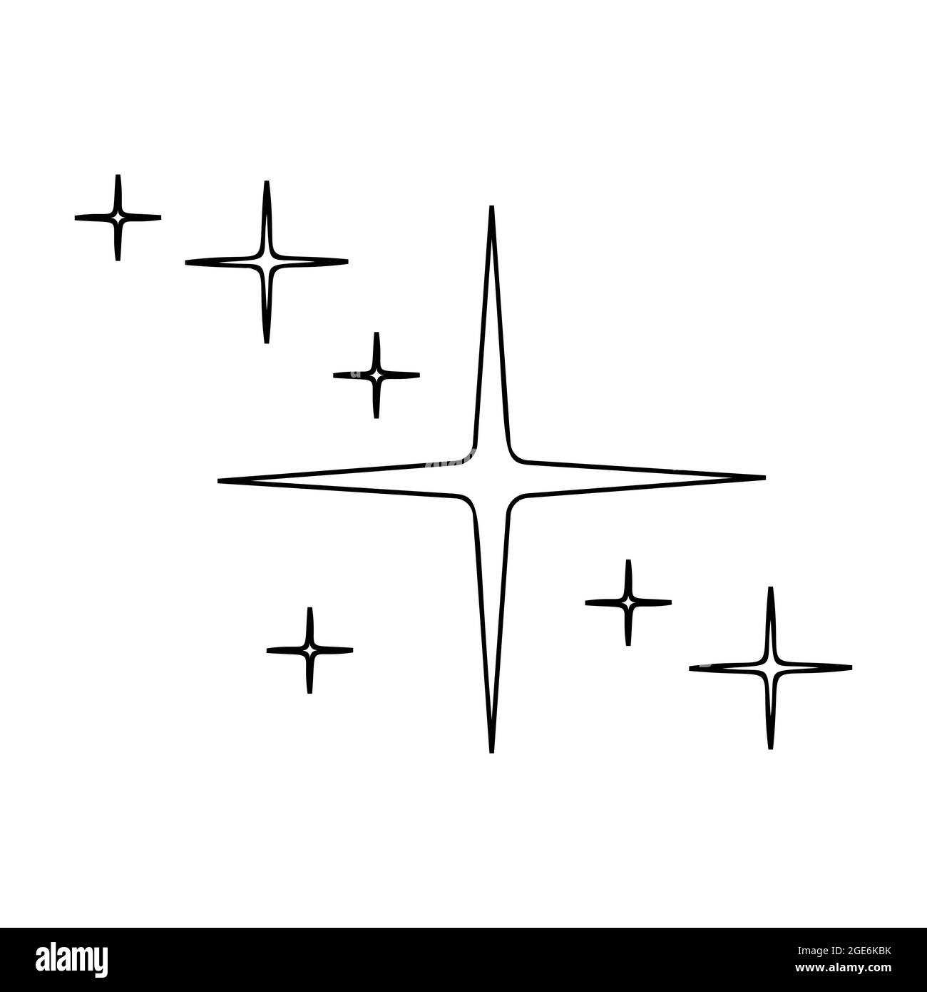 Sterne funkeln und funkeln umreißen Symbole isoliert auf weißem Hintergrund. Heller Blitz, glänzendes Leuchten, Feuerwerkssymbole. Sternenklare Blitzpartikel. Lineare Vektordarstellung. Stock Vektor
