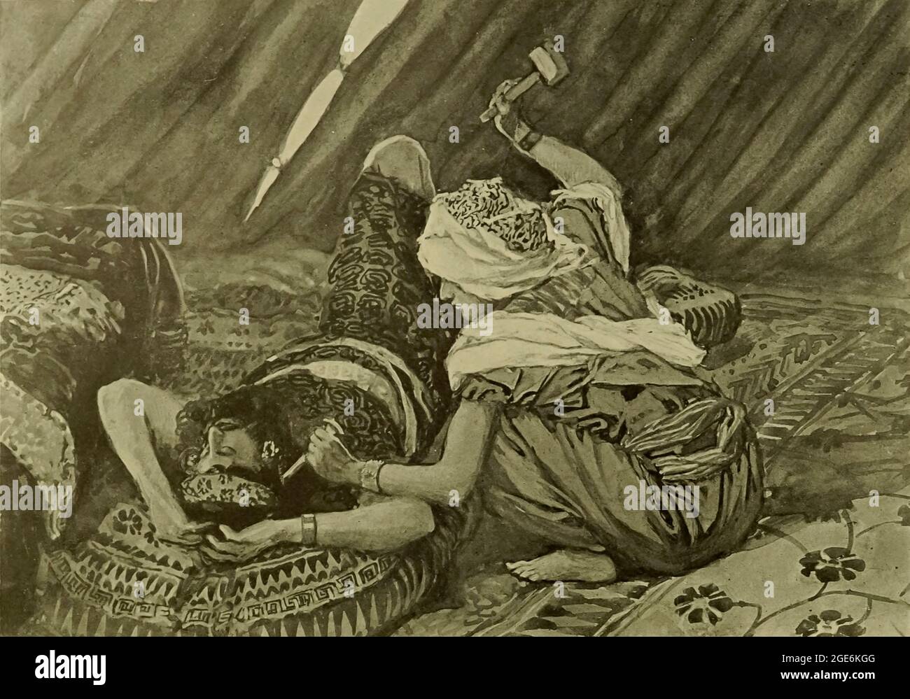 JAEL SCHLUG SISERA UND TÖTETE IHN. Richter iv. 21. Jael Hebers Frau nahm einen Nagel aus dem Zelt und nahm einen Hammer in ihre Hand, ging leise zu ihm und schlug den Nagel in seine Schläfen und befestigte ihn in die Erde; denn er schlief fest und war müde. Aus dem Buch "das Alte Testament: Dreihundertsechsundneunzig Kompositionen, die das Alte Testament illustrieren" Teil II von J. James Tissot Veröffentlicht von M. de Brunoff in Paris, London und New York im Jahr 1904 Stockfoto