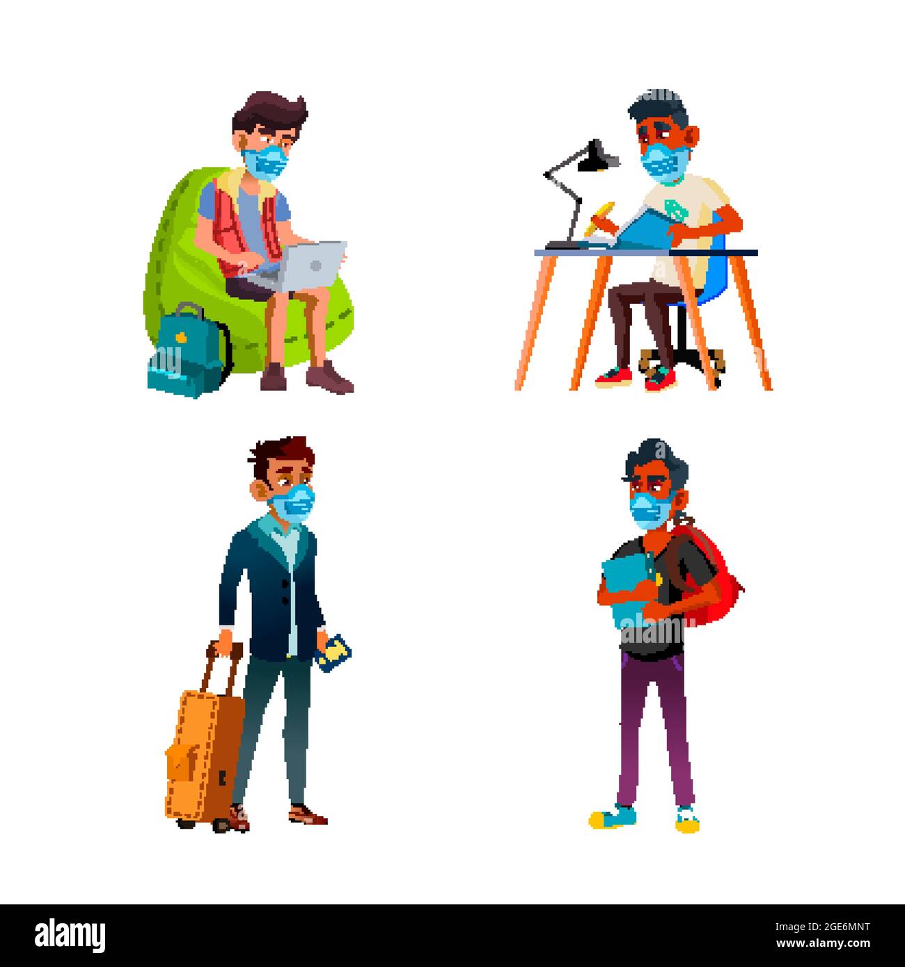 Teen Jungen Tragen Gesicht Medizinische Maske Set Vektor Stock Vektor