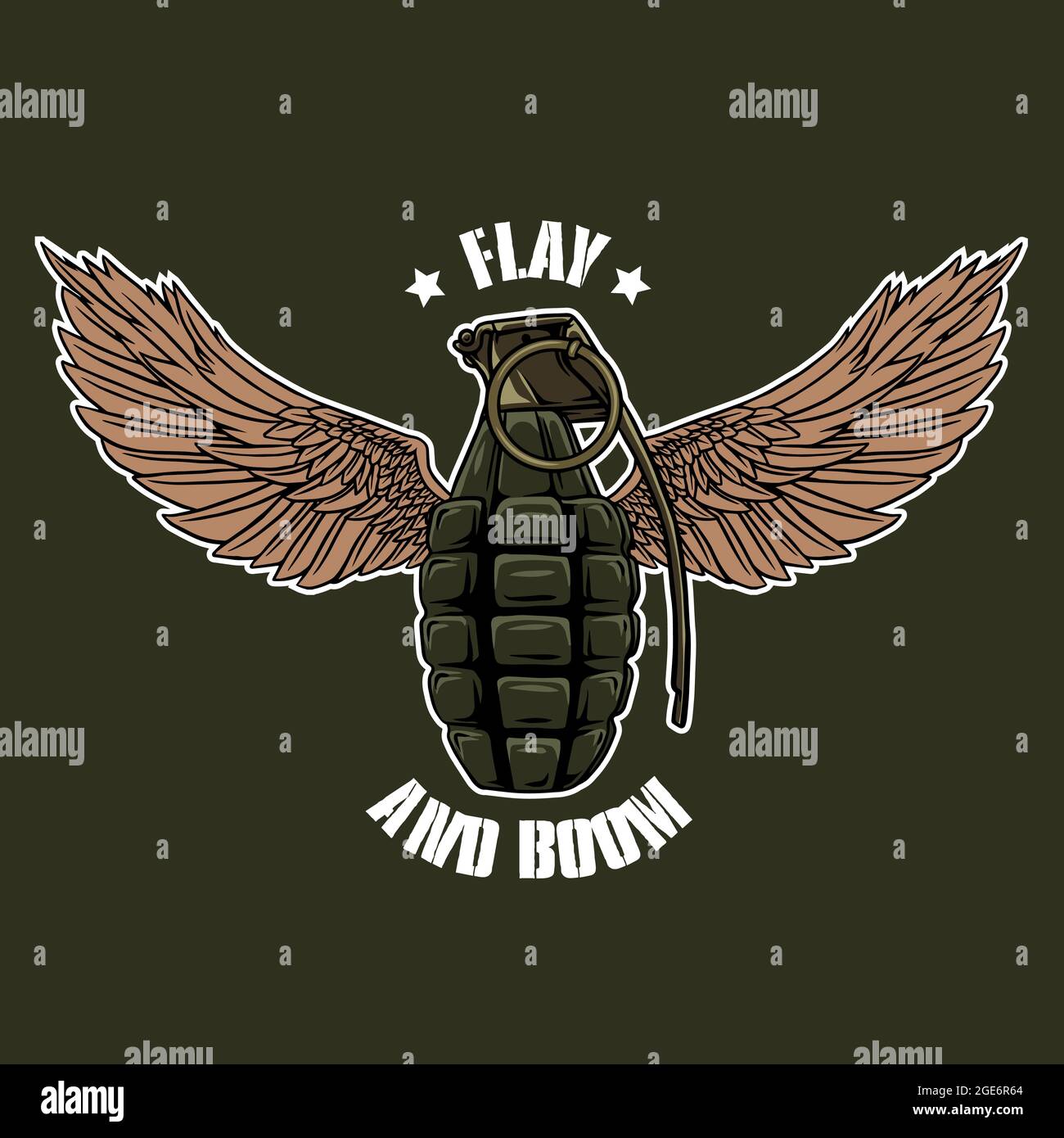 Militärisches Illustrationsdesign, eine Granate mit Flügeln sowie ein fliegendes Logo und ein Boom Stock Vektor