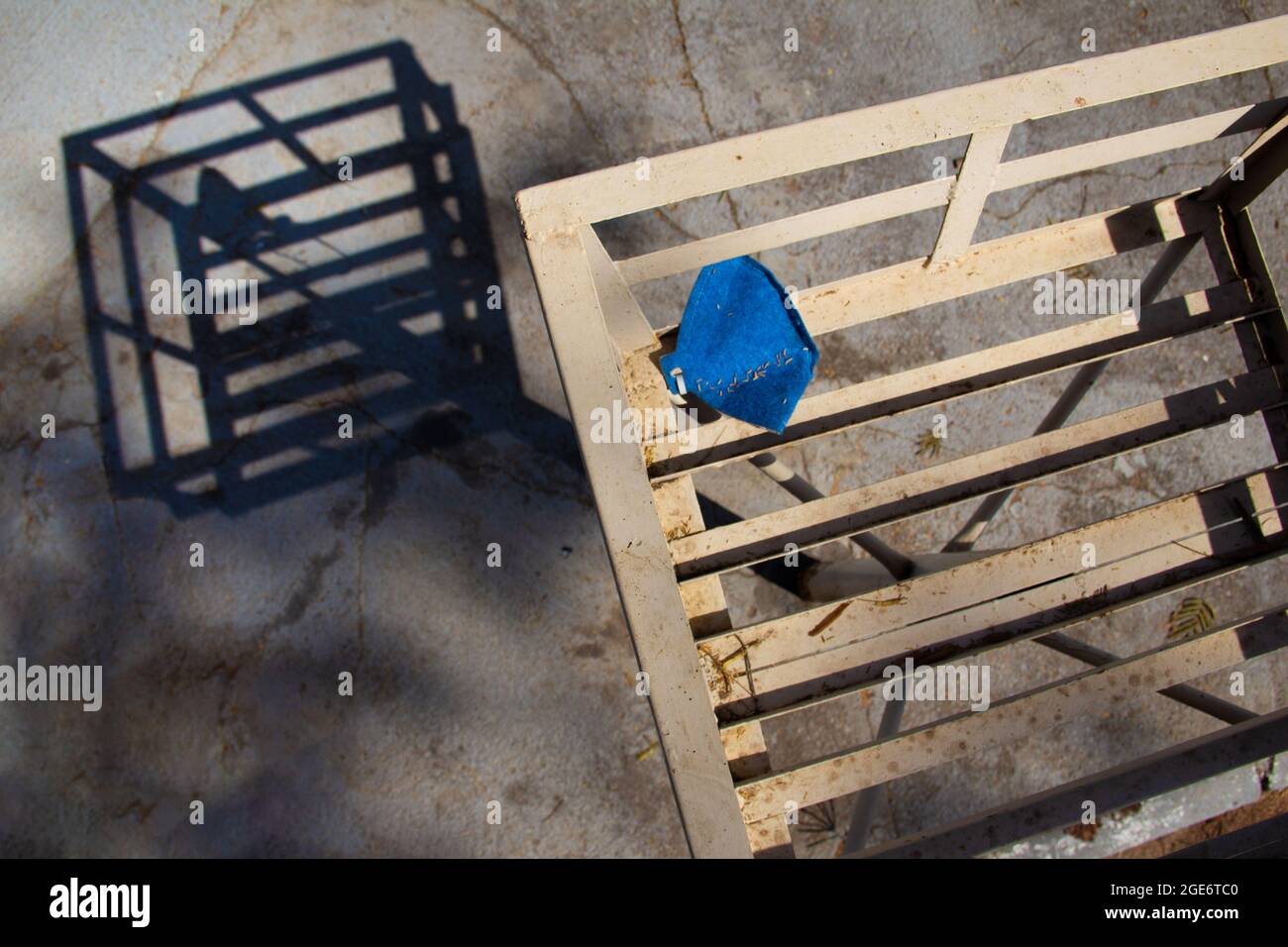 Eine blaue Gesichtsmaske, die fälschlicherweise in einem Abfalleimer abgelegt wird. Stockfoto