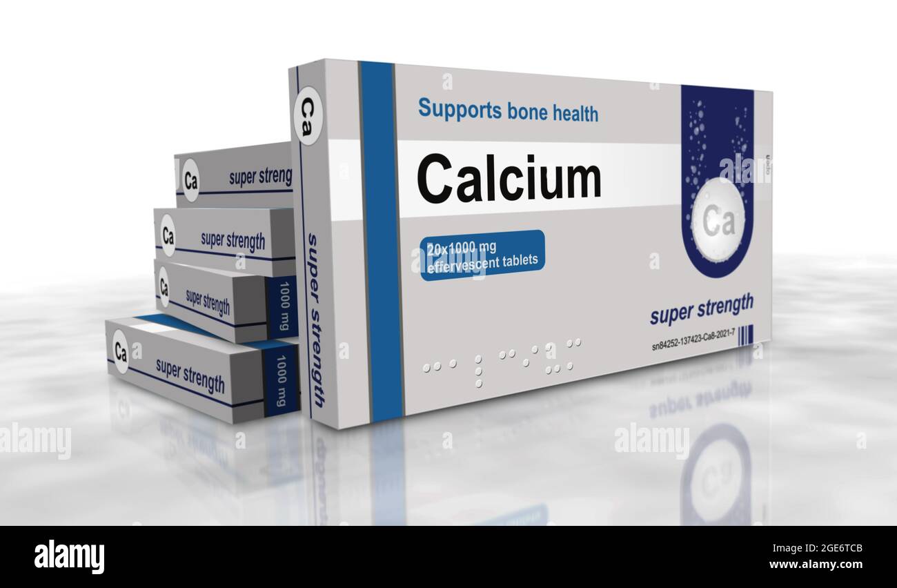 Herstellung von Kalziumtabletten. Diätergänzung Pillen Pack für die Gesundheit der Knochen. Abstraktes Konzept 3d-Rendering-Illustration. Stockfoto