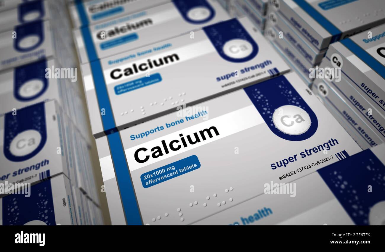 Herstellung von Kalziumtabletten. Diätergänzung Pillen Pack für die Gesundheit der Knochen. Abstraktes Konzept 3d-Rendering-Illustration. Stockfoto