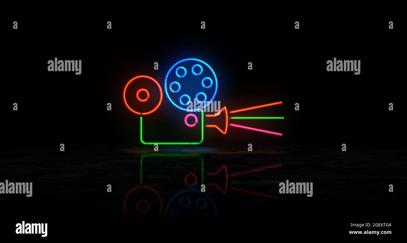 Kino-Neon-Symbol. Filmprojektor, Film, Videokamera, Multimedia- und Entertainment-Lampen in Farbe. Abstraktes Konzept 3d-Illustration. Stockfoto