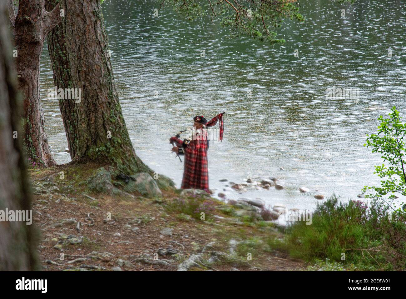 Ein schottischer Dudelsackspieler spielt am Loch Eilein, Aviemore, Cairngorms National Park, Scottish Highlands, Großbritannien Stockfoto
