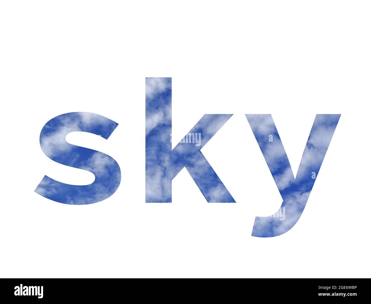 HIMMEL, Text aus Buchstaben des Alphabets mit blauem Himmel und weißen Wolken, isoliert auf weißem Hintergrund Stockfoto
