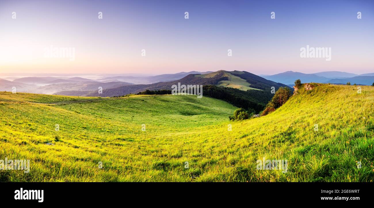 Fantastische Szene in den Bergen im Sommer. Üppig grüne Wiesen in traumhafter Abendsonne. Karpaten, Europa. Landschaftsfotografie Stockfoto