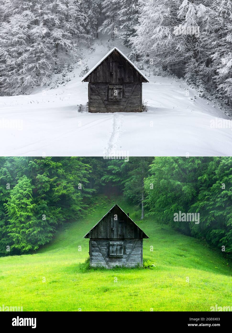 Collage aus zwei Bildern einer Holzhütte im Wald zu verschiedenen Jahreszeiten - Sommer und Winter. Fantastische Winterlandschaft mit Holzhaus in verschneiten Bergen. Alte Hütte in saftig grünen Nebelwäldern Stockfoto