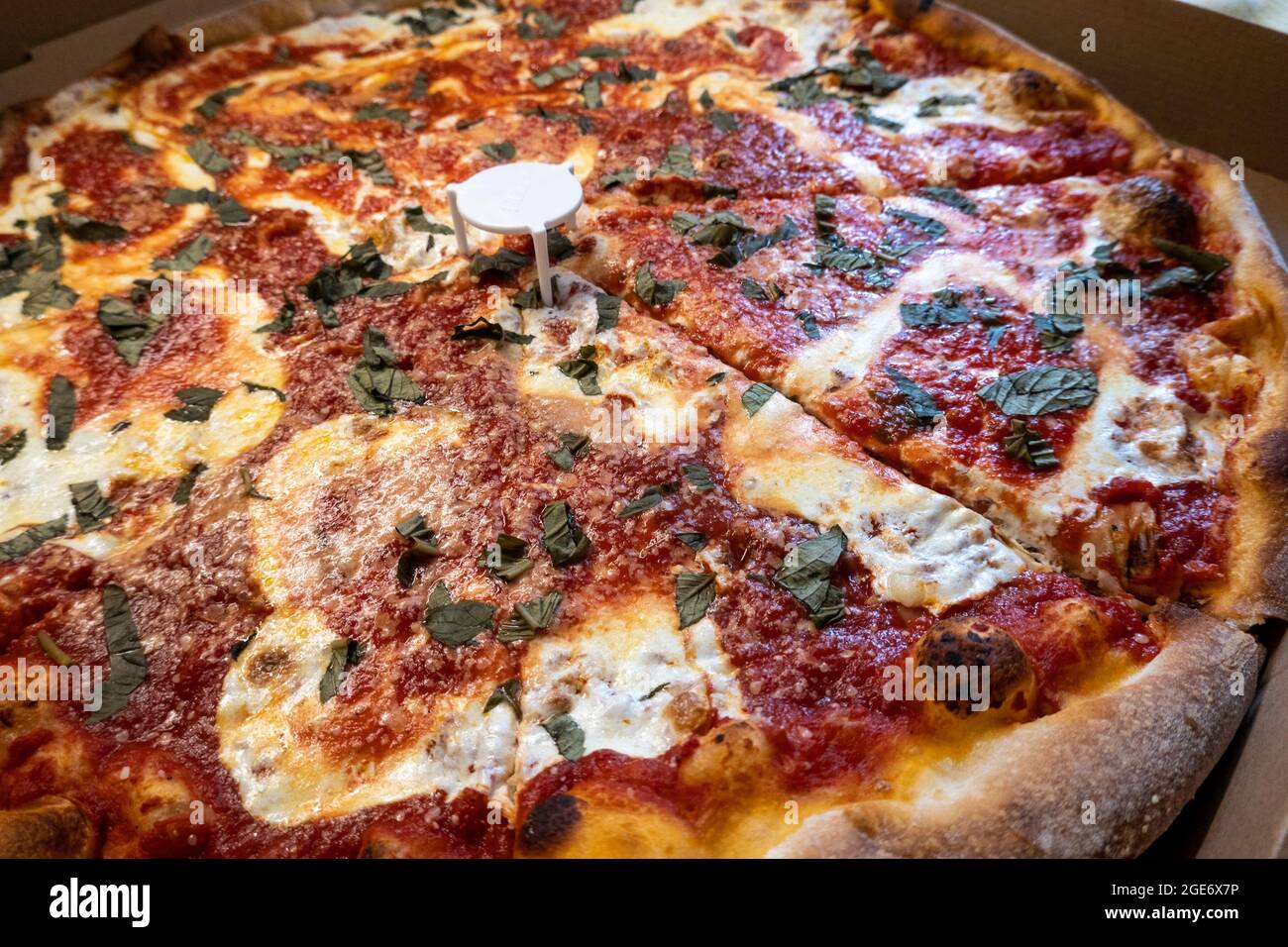 Margherita Pizza, geliefert von einer lokalen Pizzeria, NYC, USA 2021 Stockfoto