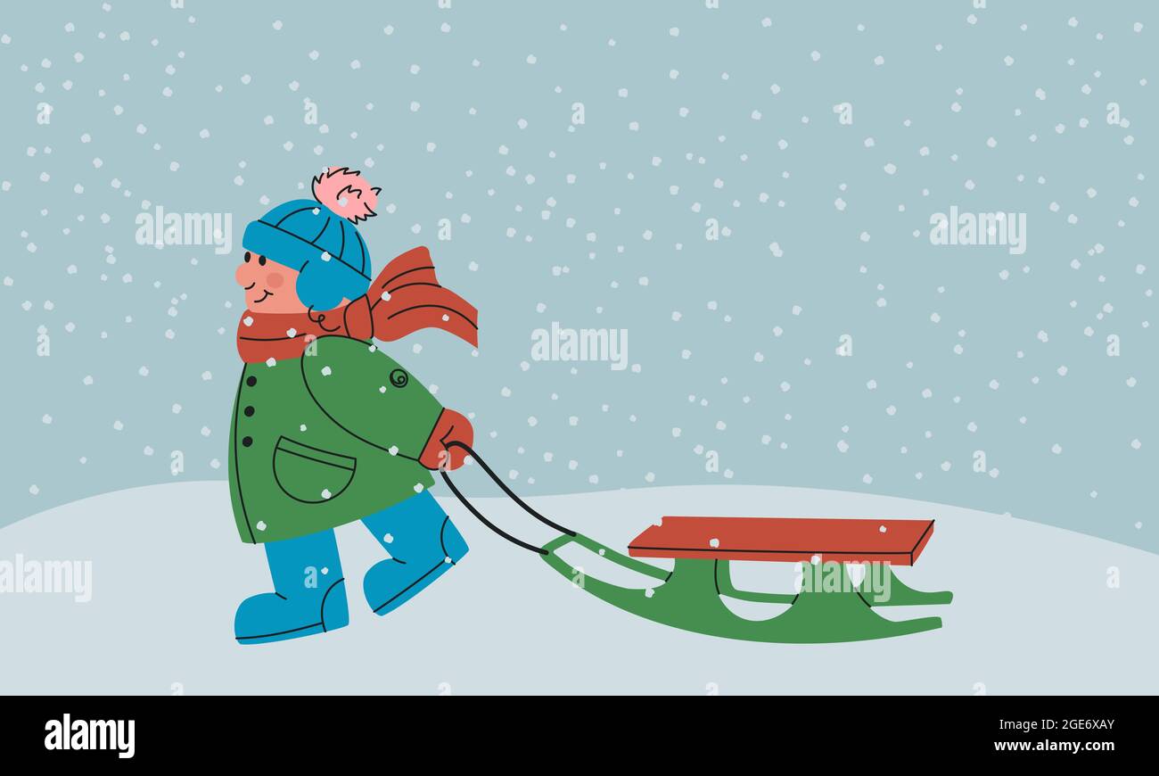 Glückliches Kind mit Schlitten. Kleiner Junge in Winterkleidung, Hut und Schal. Kind auf Winterlandschaft mit Schnee. Cartoon Vektor Illustration für Design. Stock Vektor