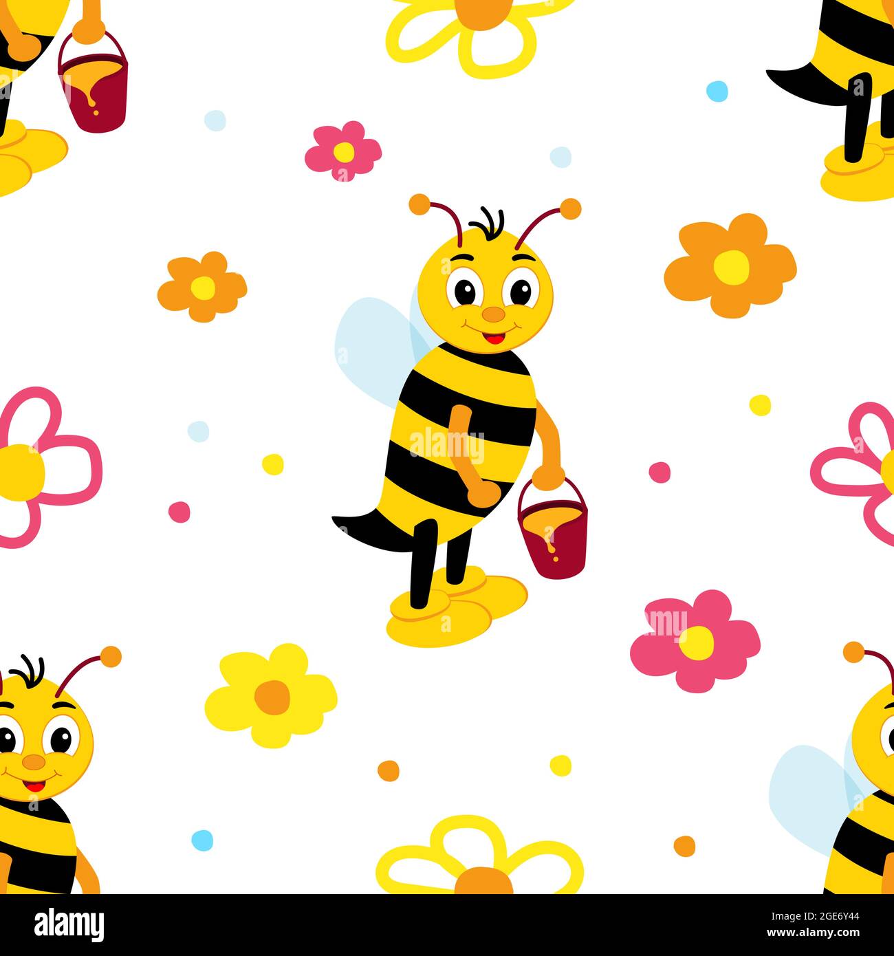 Biene um Blumen mit Eimer Honig. Vektor Nahtloses Muster. Stock Vektor
