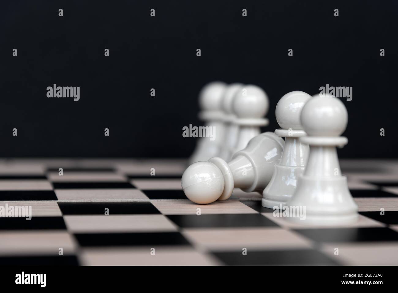 Weiße Schachfigur fällt auf schwarzen Hintergrund Stockfoto