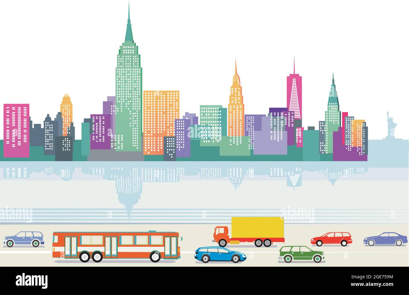 Große Stadt mit Wolkenkratzern mit Straßenverkehr, Illustration Stock Vektor