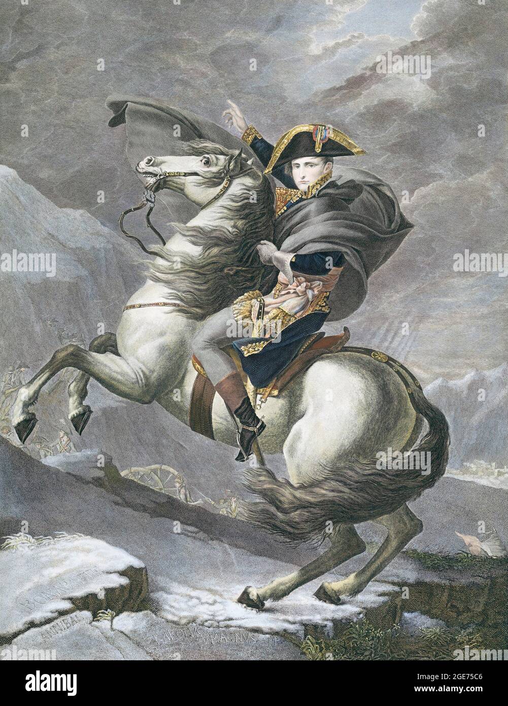 Napoleon überquert die Alpen am St. Bernhard-Pass. Napoleon Bonaparte, 1769 – 1821. Französischer Staatsmann und Militärführer. Kaiser der Franzosen. Stich nach einem Werk von Jacques-Louis David aus dem Jahr 1801. Stockfoto