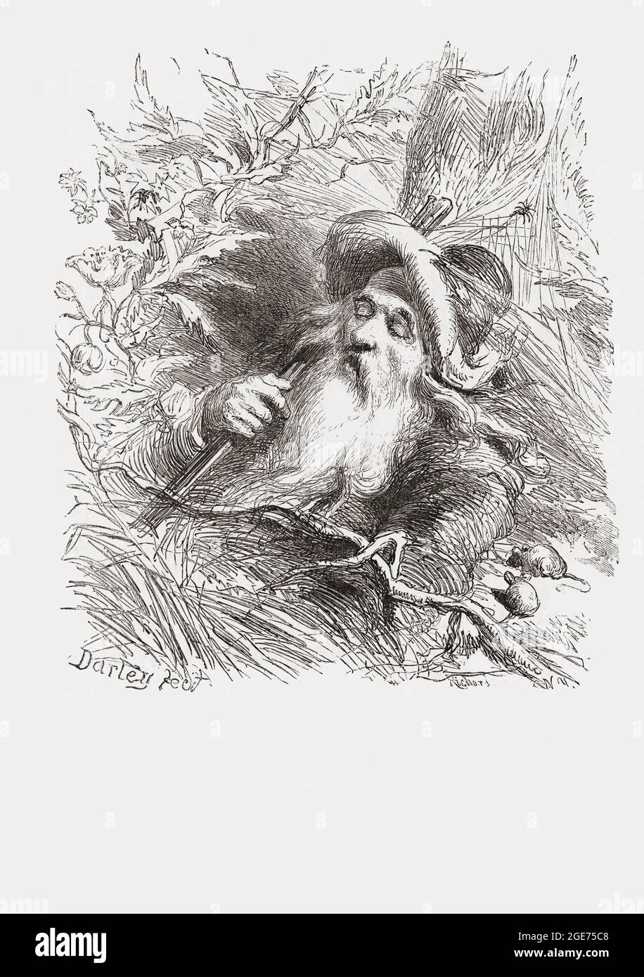 RIP Van Winkle, die gleichnamige Figur in einer Kurzgeschichte des amerikanischen Autors Washington Irving aus dem Jahr 1819. Nach einem Werk von Felix Darley aus dem 19. Jahrhundert. Stockfoto