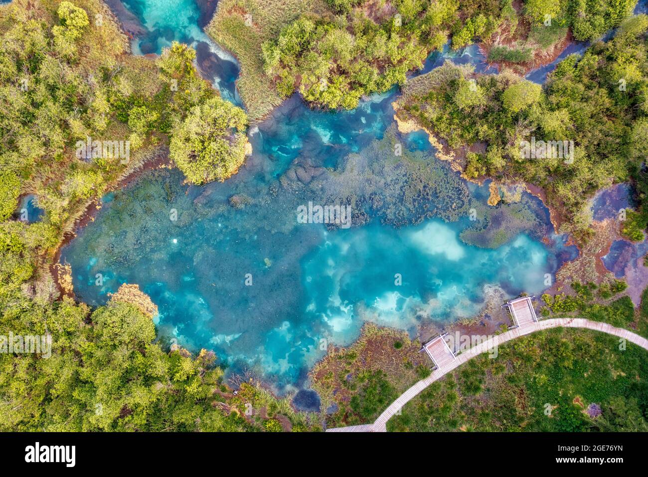 Zelenci Nature Reserve in Nordslowenien, aufgenommen im Juni 2021, nachbearbeitet mit Expositionsklammer Stockfoto