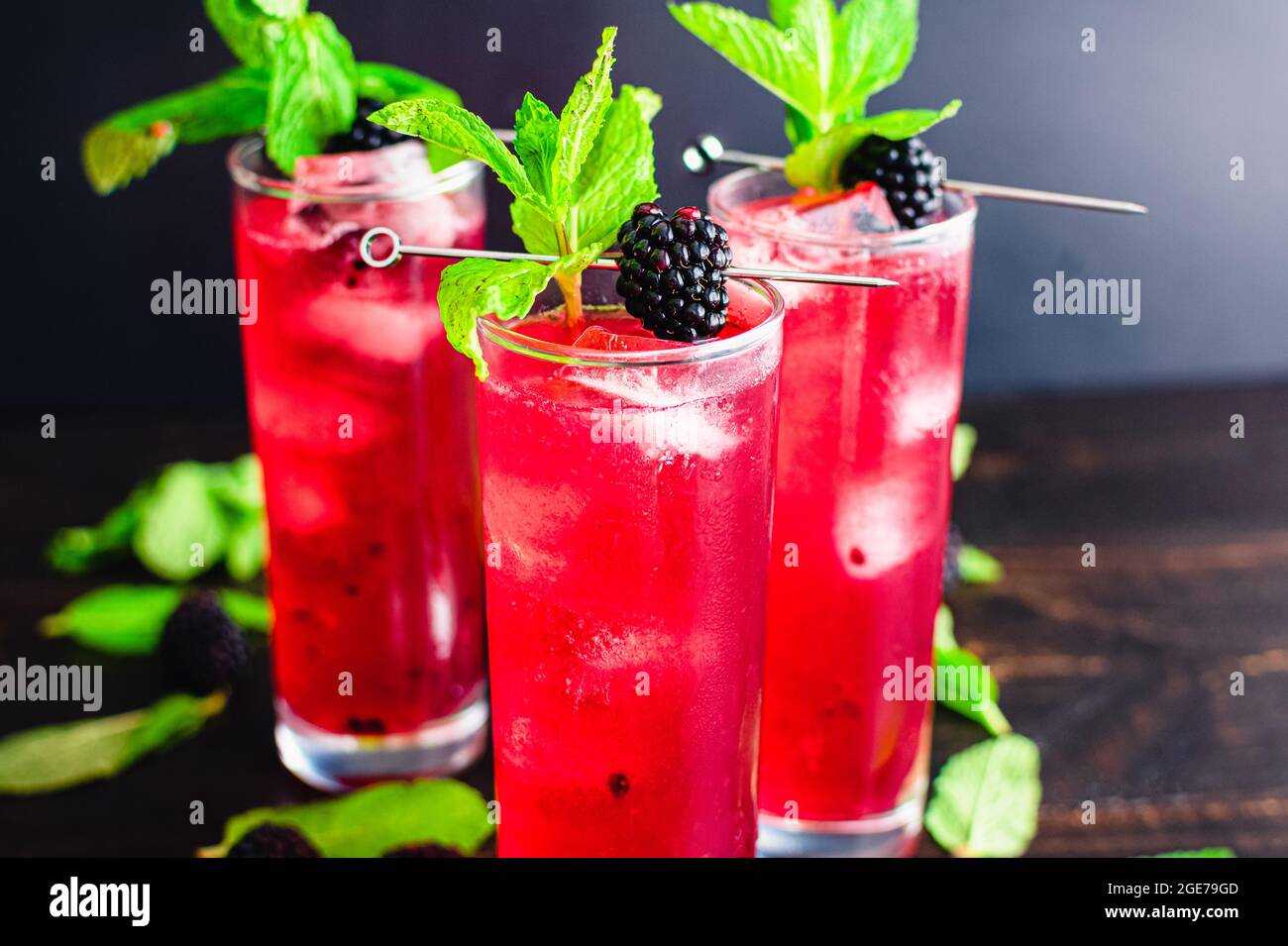 BlackBerry Mojito Cocktails in hohen Gläsern: Mojitos aus Minze, Brombeeren und Rum, serviert auf Eis mit Garnierungen Stockfoto