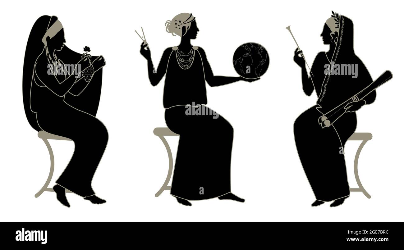 Drei Frauen im altgriechischen Stil. Göttinnen Nymphen. Musen von Lyrik und Gesang, Geschichte und Astronomie. Stock Vektor