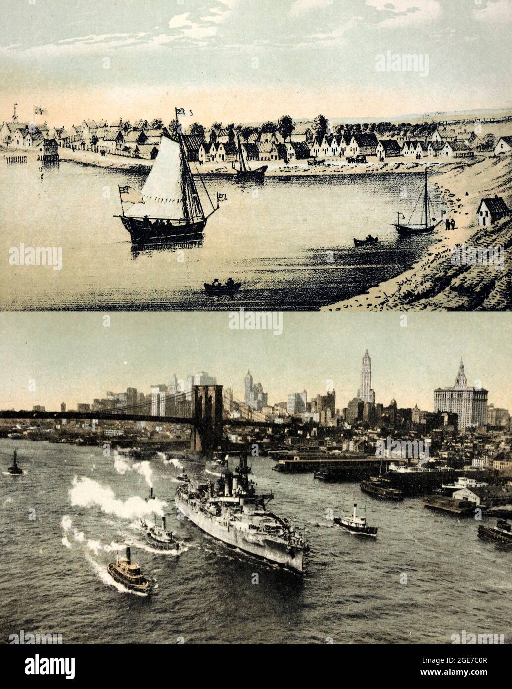 Ein Blick auf die East River Shore und Shipyard am Fuße der Maiden Lane im Jahr 1879 und ein Blick aus dem gleichen Gebiet im Jahr 1921 Stockfoto