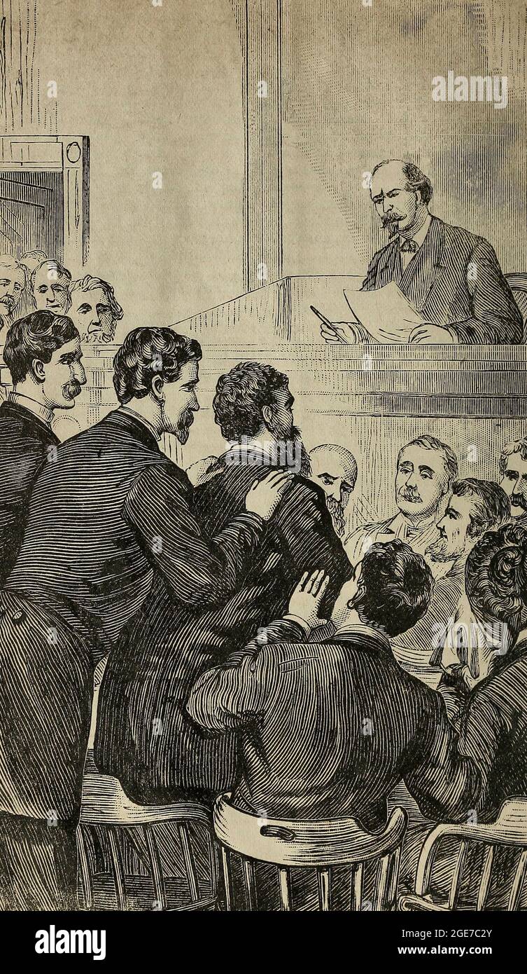 Charles Guiteau, Attentäter auf Präsident James Garfield bei diesem Prozess. Er würde zum Objekt erheben, seine lustigen Bemerkungen loswerden und zu Setz dich. gebeten werden Richter Cox zeigte große Geduld Stockfoto